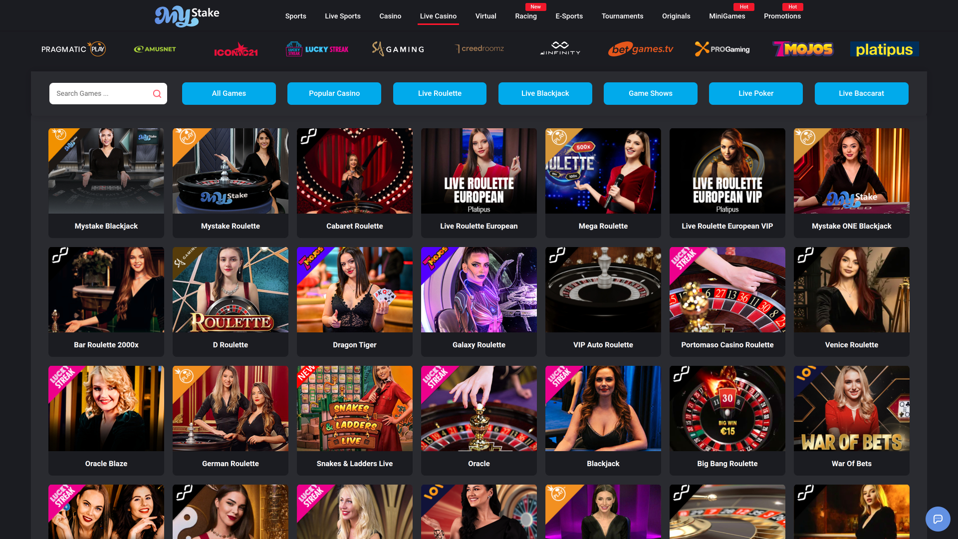 MyStake Casino Desktop Live dealer