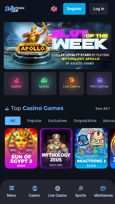 MyStake Casino Mobile Homepage