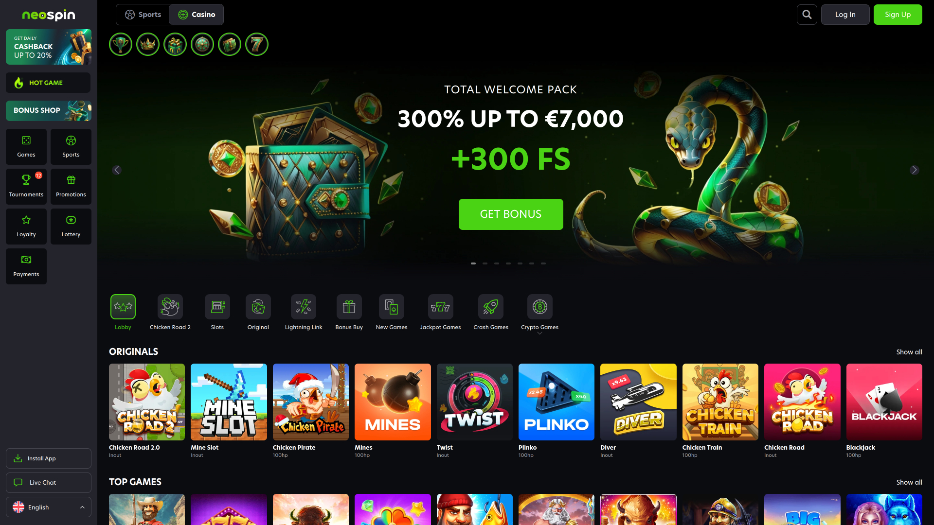 Neospin Casino Desktop Homepage
