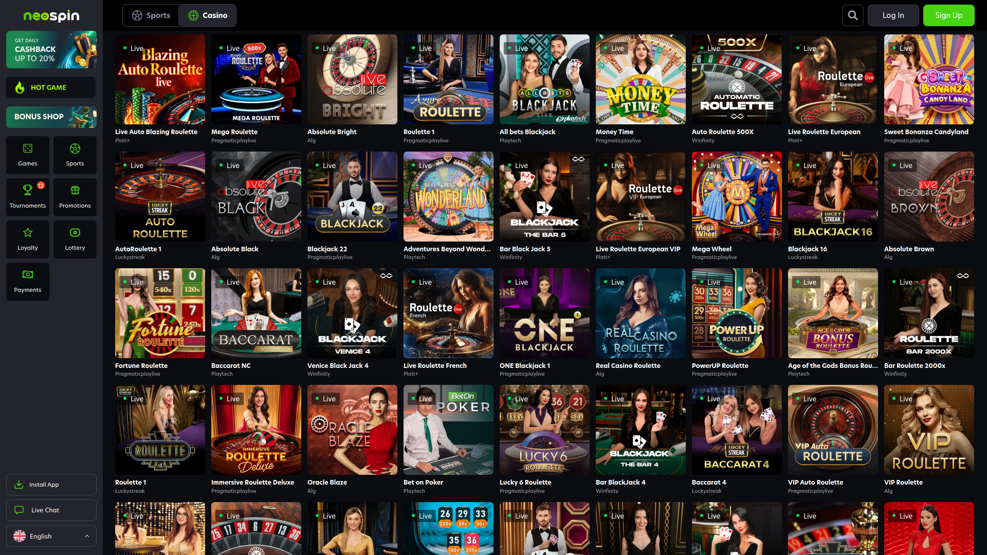 Neospin Casino Desktop Live dealer