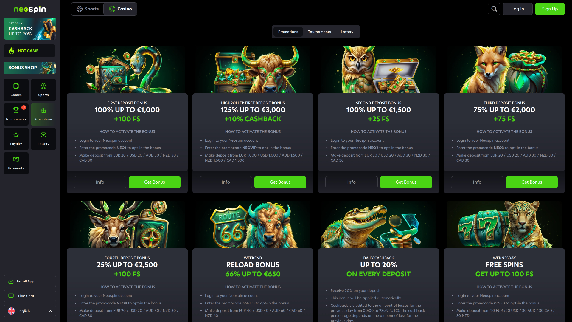 Neospin Casino Desktop Promotions