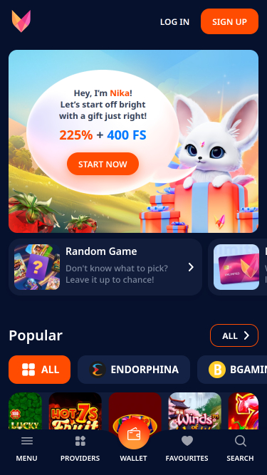 Mobile interface of the casino homepage showing game categories and promotions