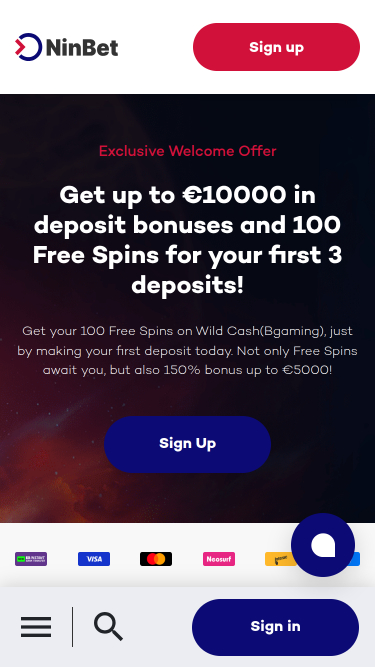 Ninbet Casino Mobile Homepage