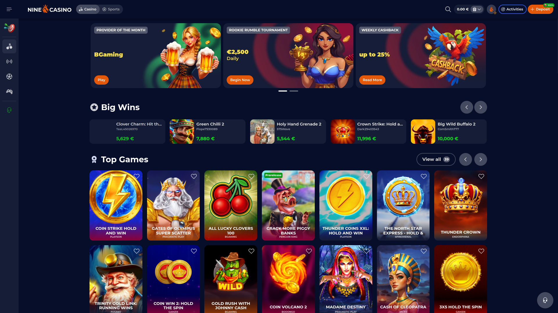 Nine Casino Desktop Homepage