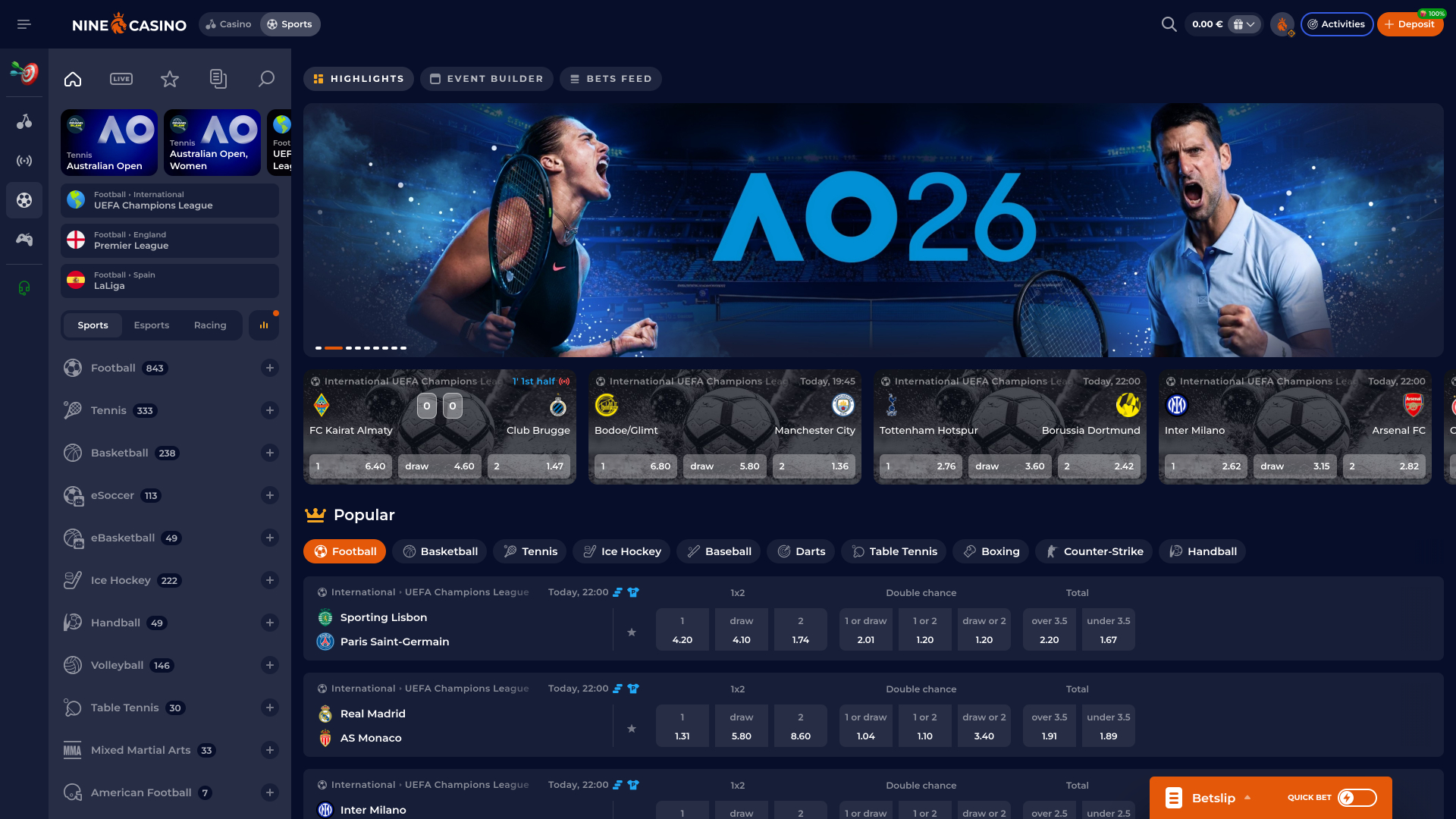 Nine Casino Desktop Sportsbook