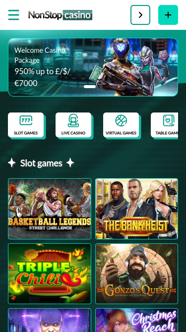 NonStop Casino Mobile Homepage