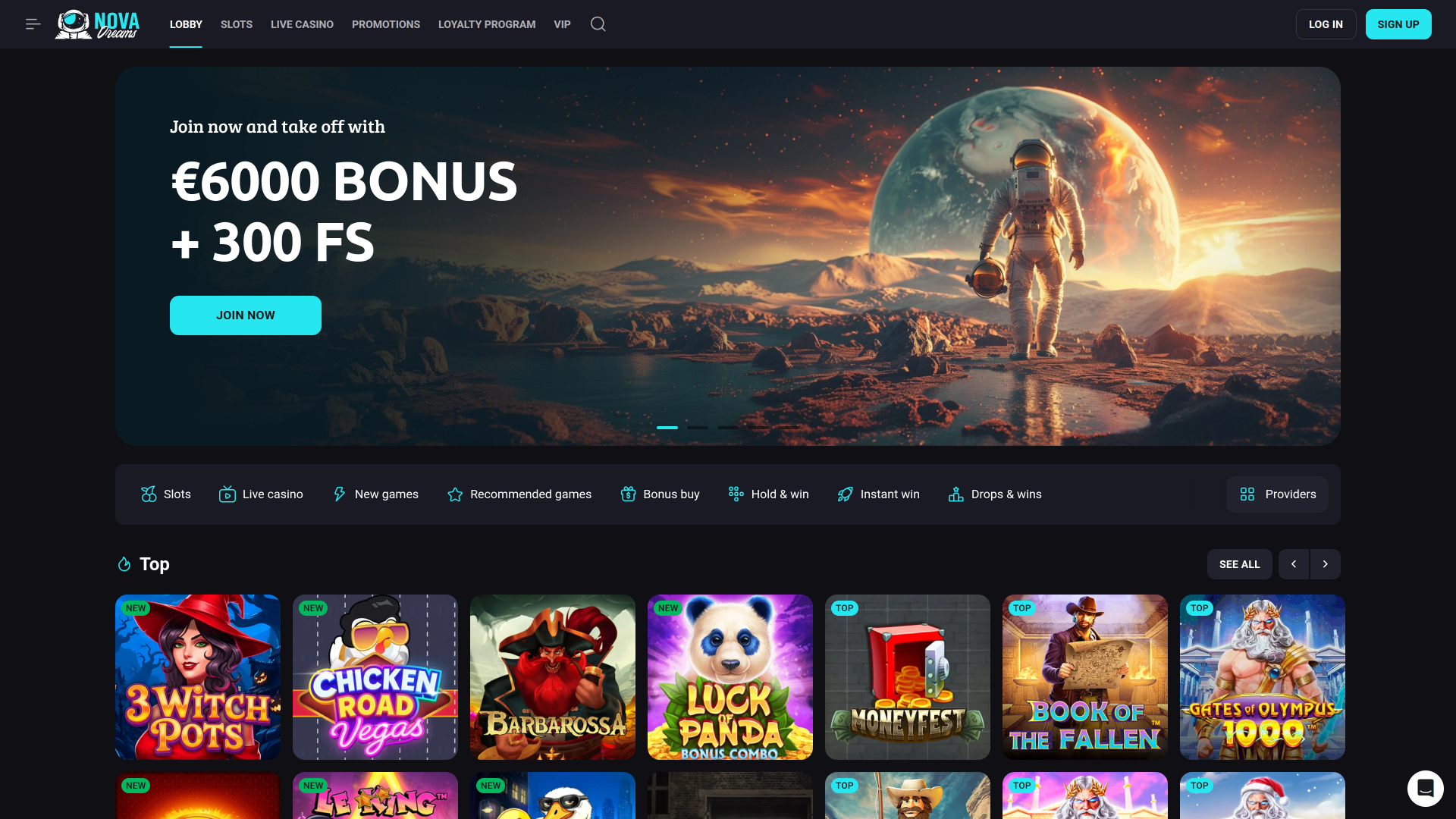 NovaDreams Casino Desktop Homepage