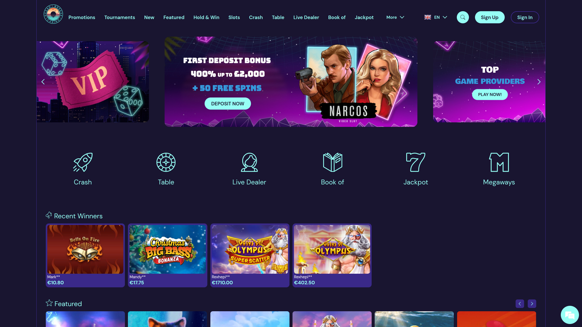 Ocean Breeze Casino Desktop Homepage
