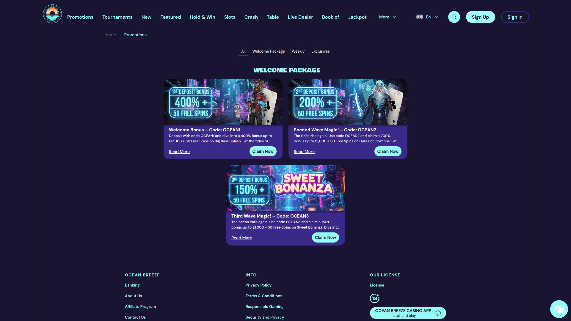 Ocean Breeze Casino Desktop Promotions