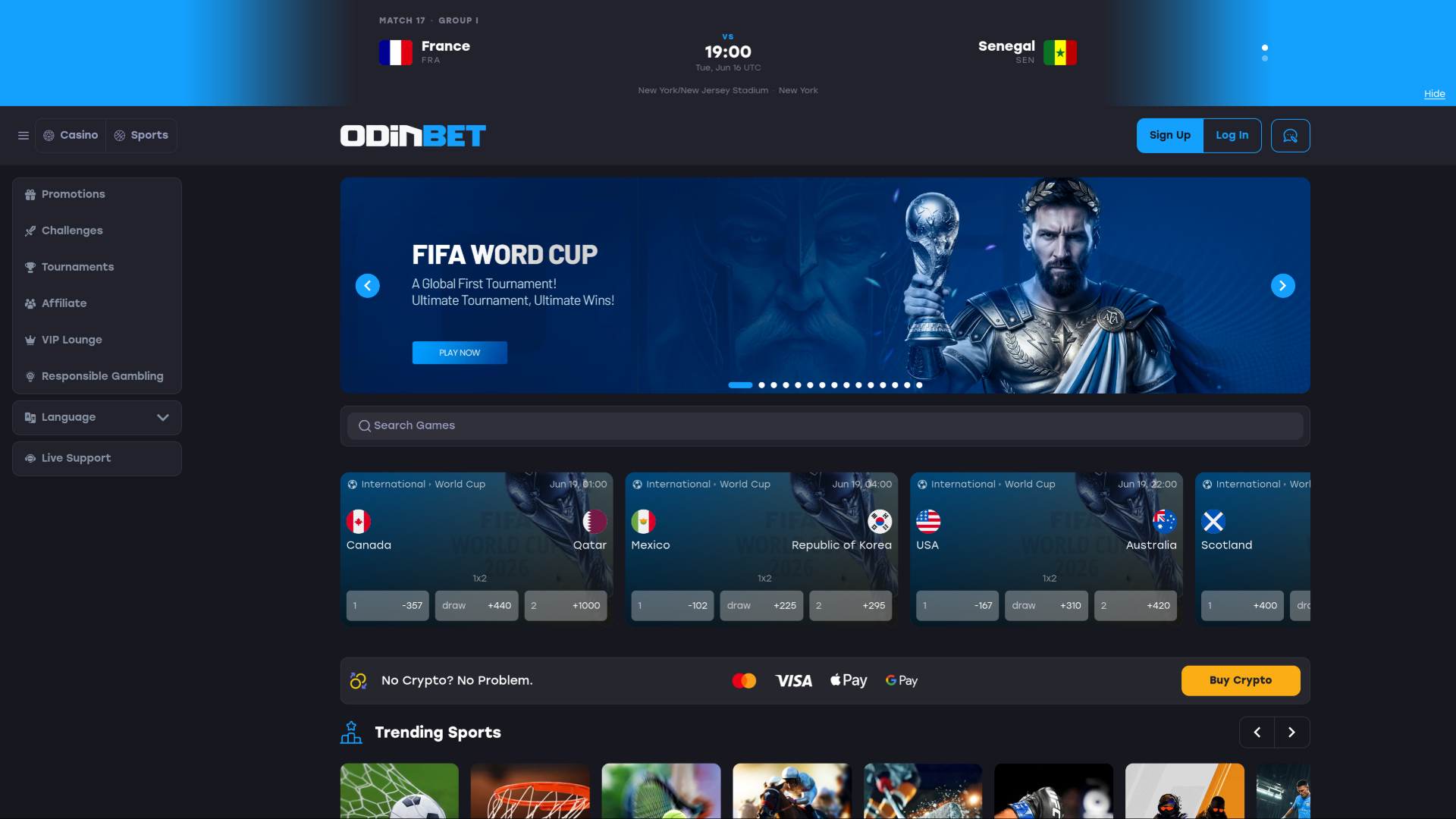 Odinbet Casino Desktop Homepage