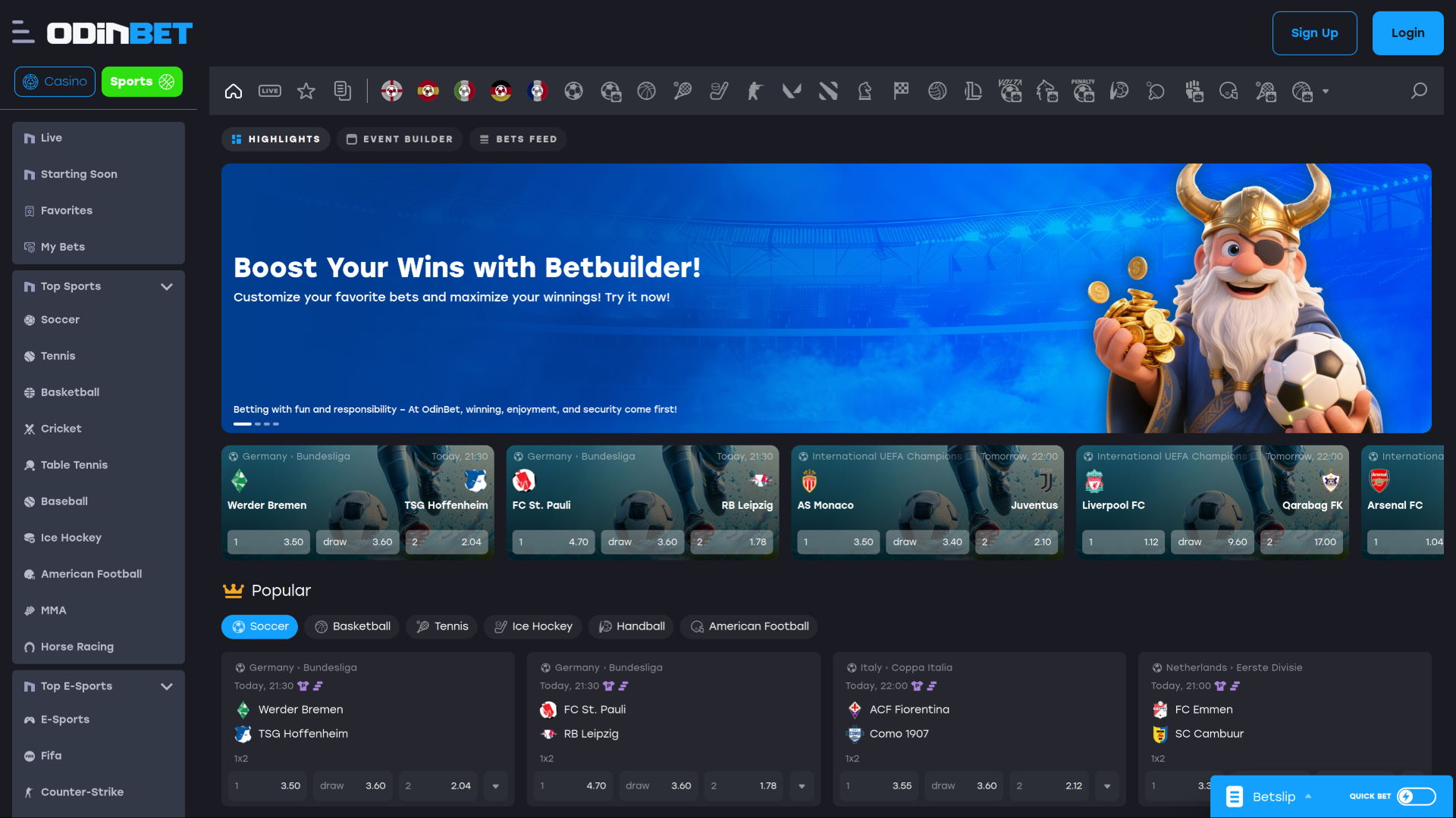 Odinbet Casino Desktop Sportsbook