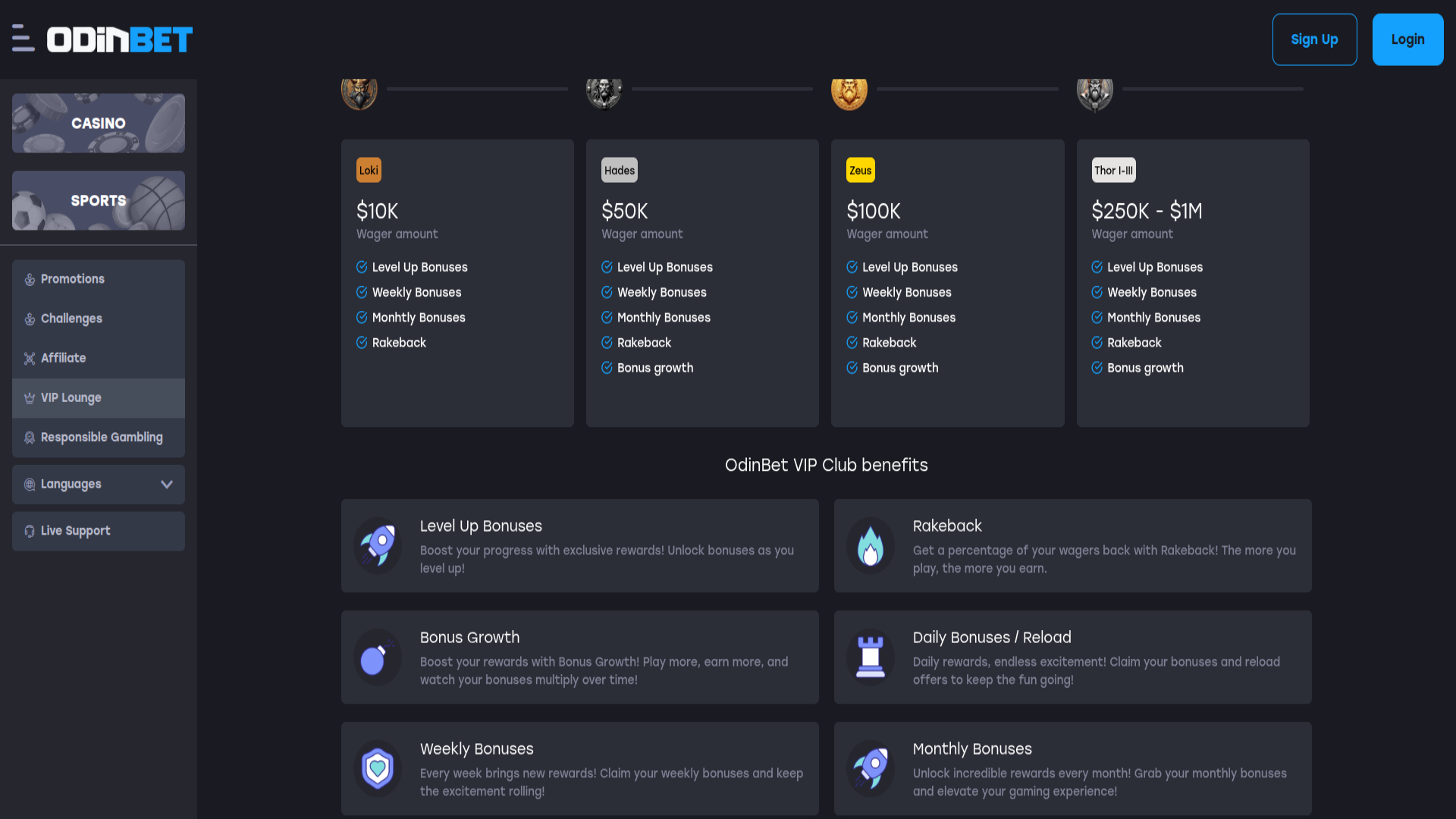 Screenshot of VIP of Odinbet Casino for Desktop