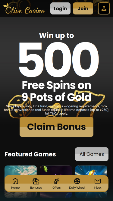 Olive Casino Mobile Homepage