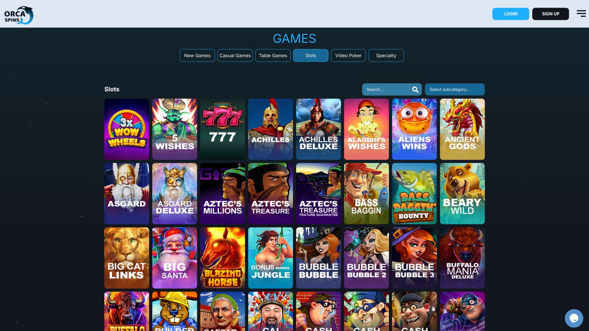 Orca Spins Casino games page