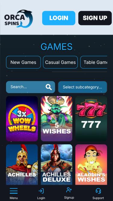 Orca Spins Casino games mobile page