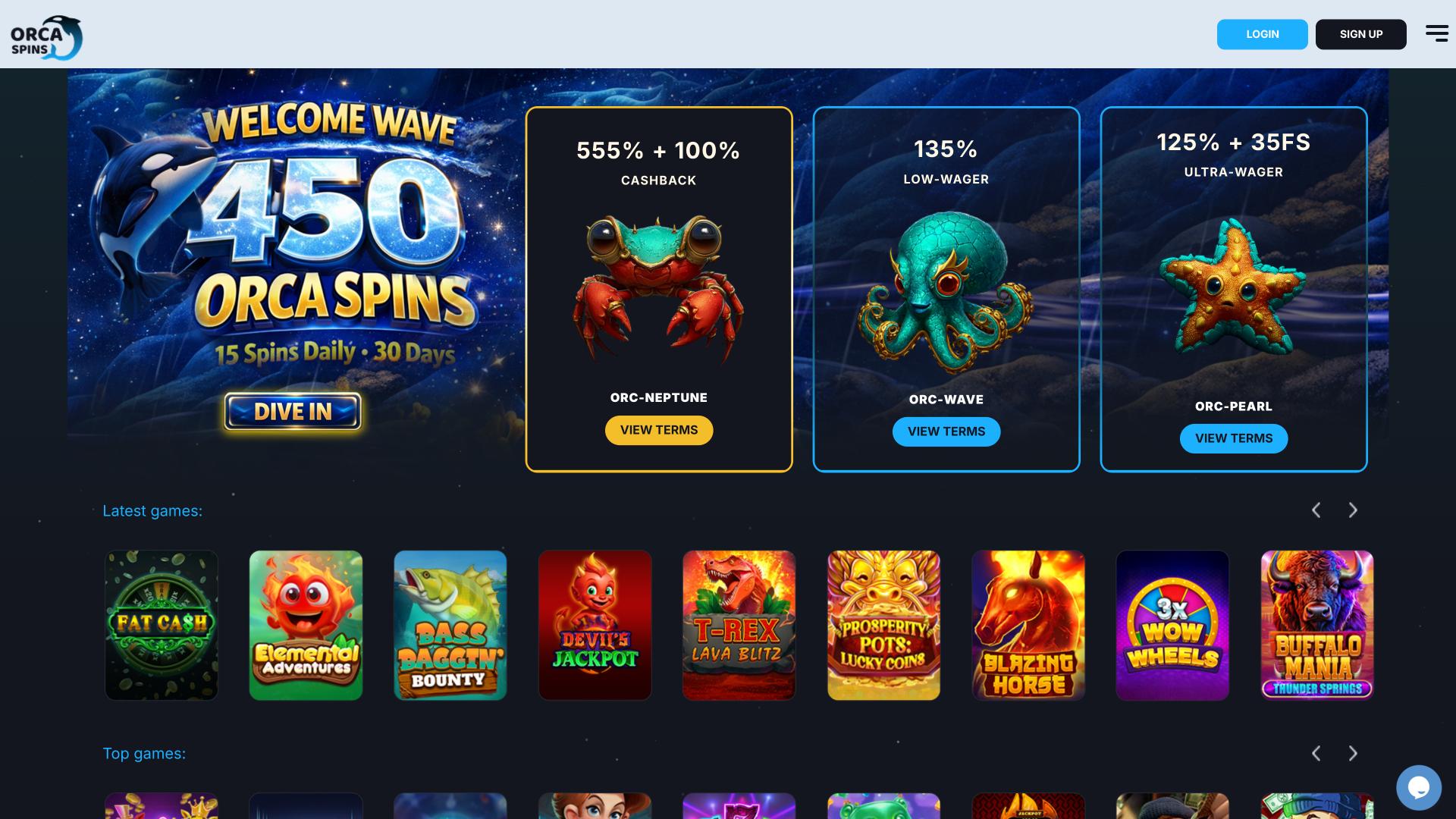 Orca Spins Casino homepage