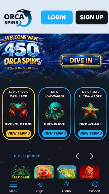 Orca Spins Casino mobile homepage