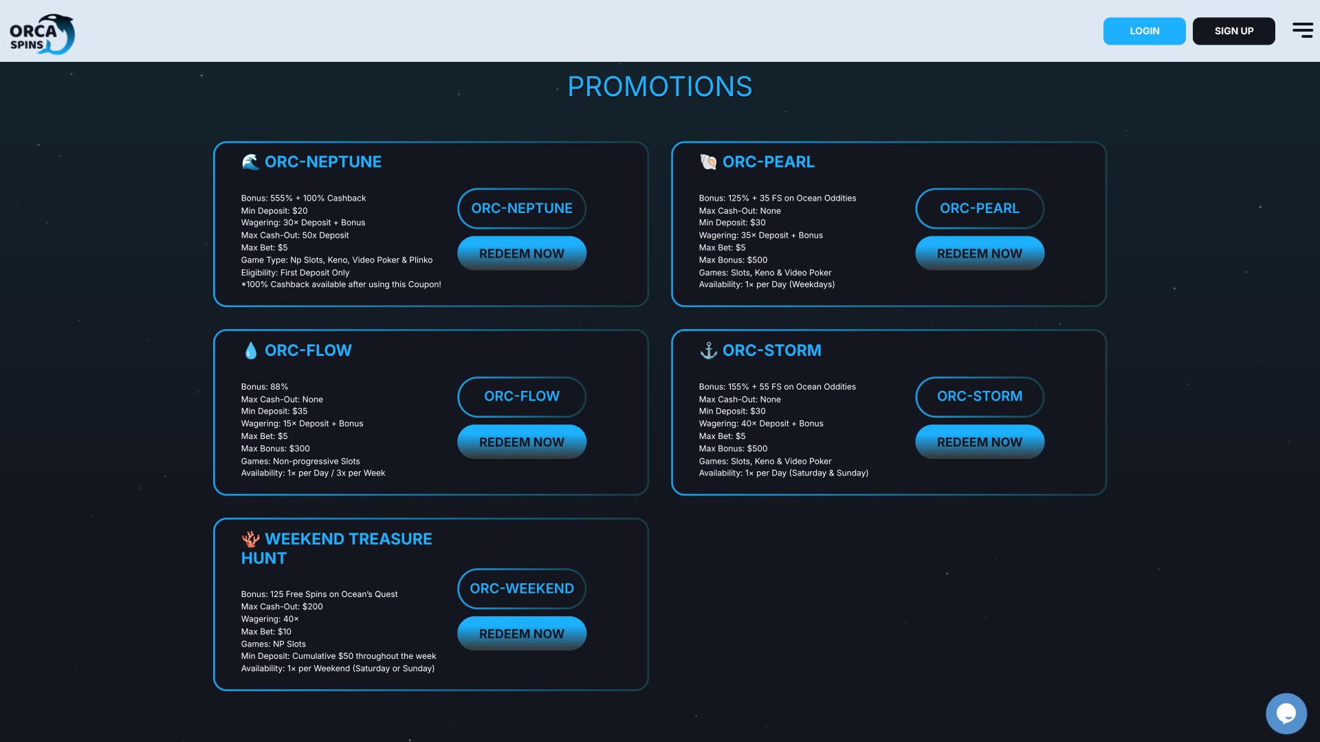 Orca Spins Casino promotions page
