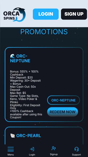 Orca Spins Casino promotions mobile page
