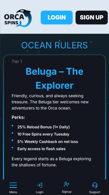 Orca Spins Casino VIP mobile page