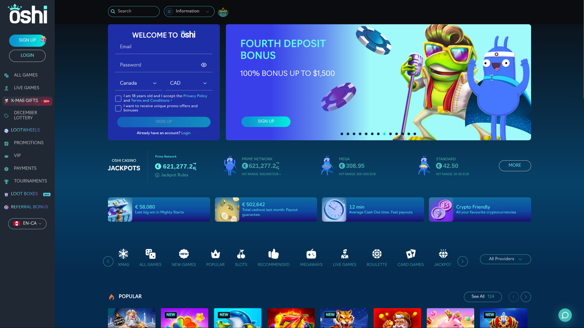 Oshi Casino Desktop Homepage
