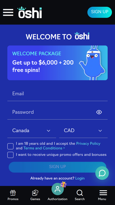 Oshi Casino Mobile Homepage