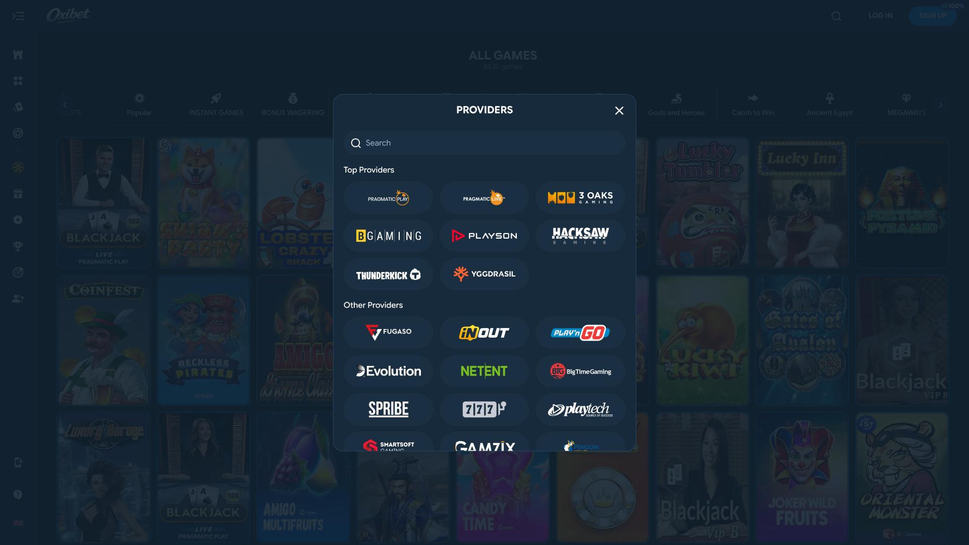Oxibet Casino game developers page