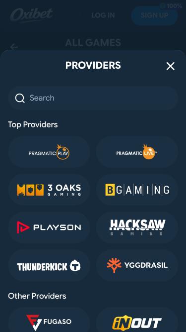 Oxibet Casino game developers mobile page