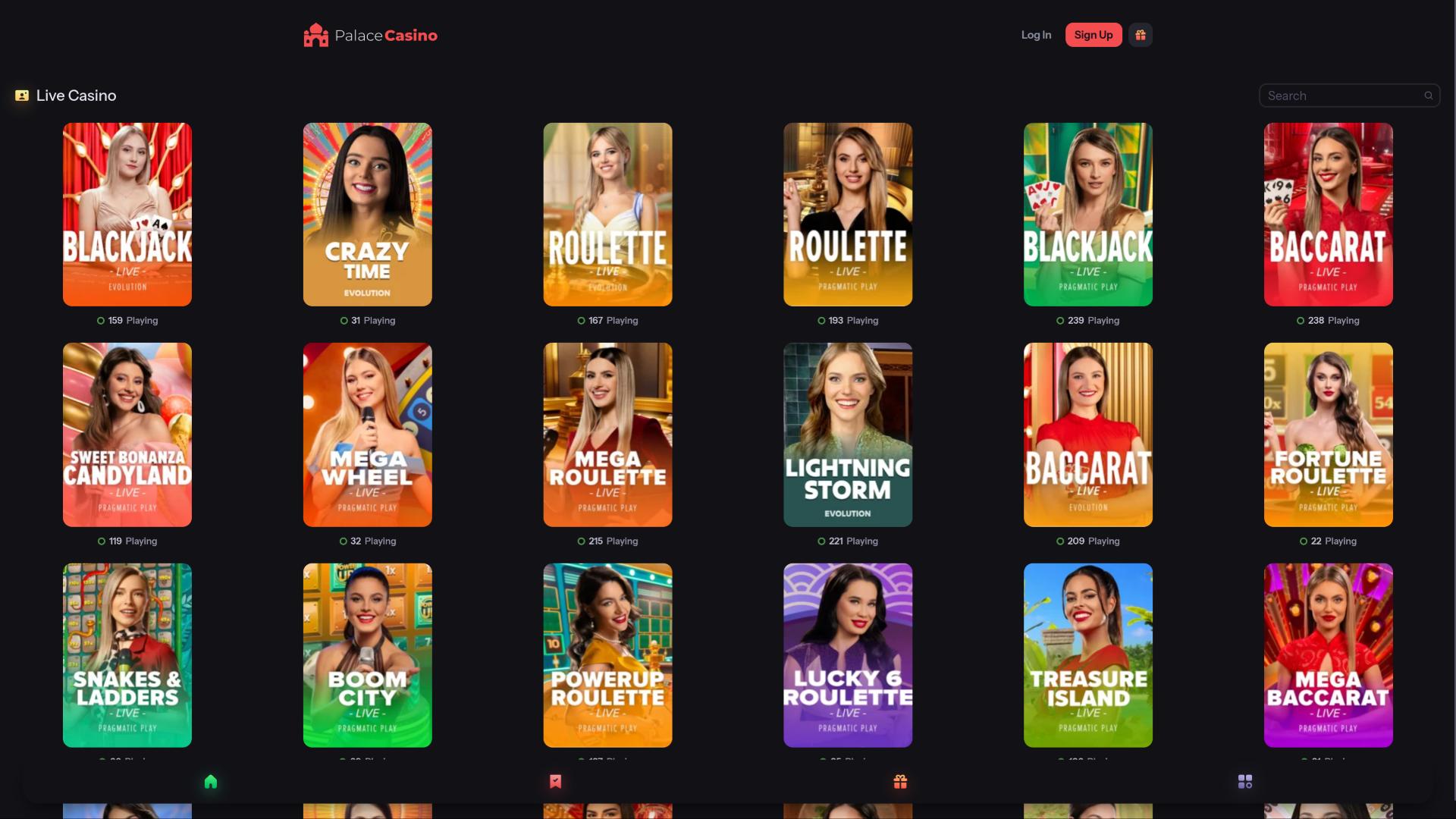 Palace Casino live dealer page