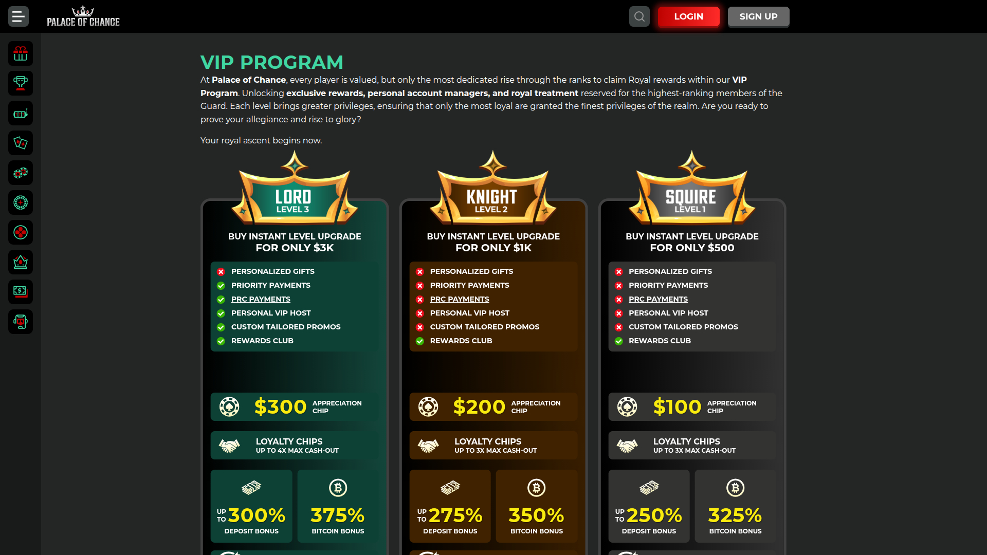 Palace of Chance Desktop VIP Program