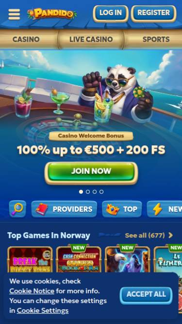 Homepage mobile screenshot of Pandido Casino