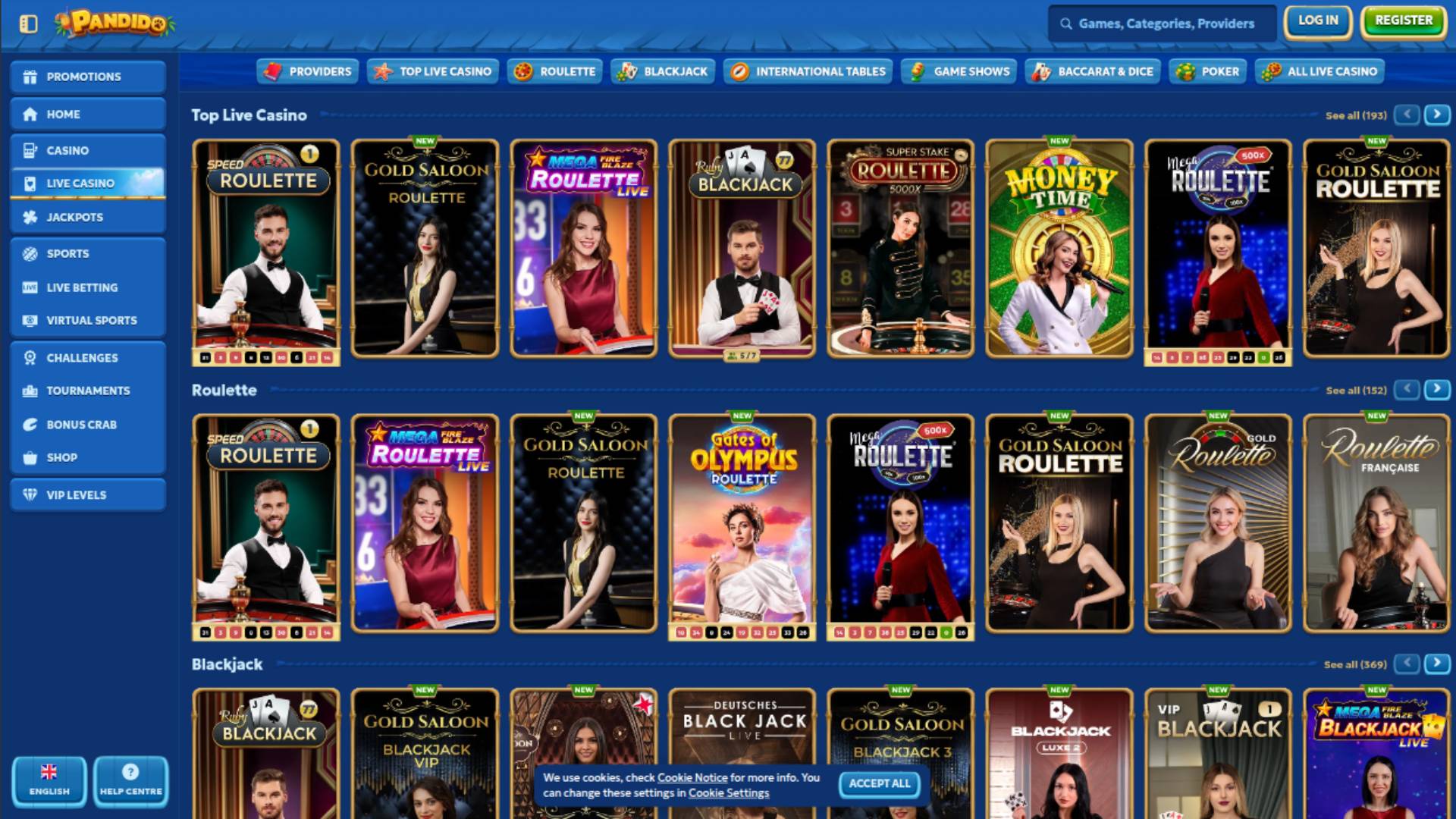 Live page screenshot of Pandido Casino