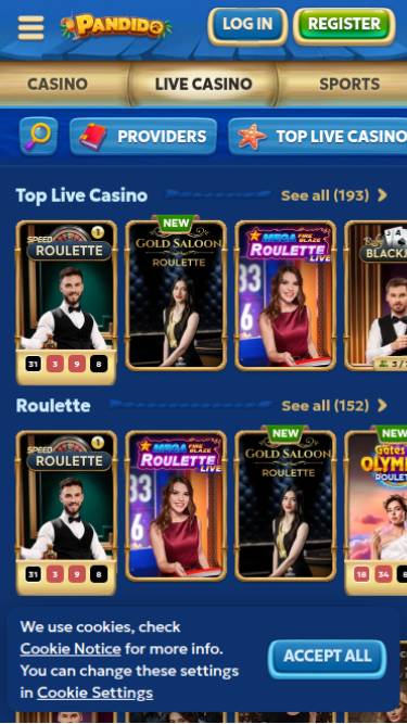 Live mobile page screenshot of Pandido Casino