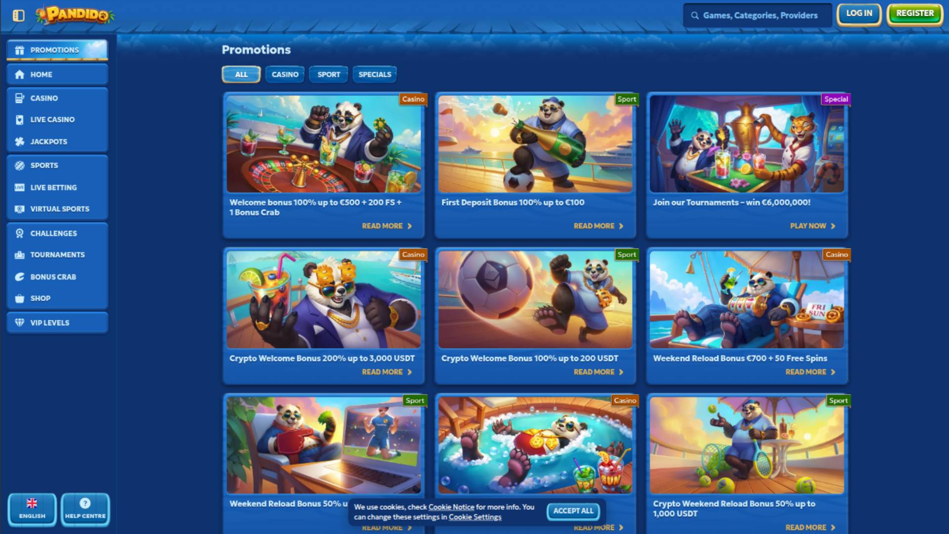 Promotions page screenshot of Pandido Casino