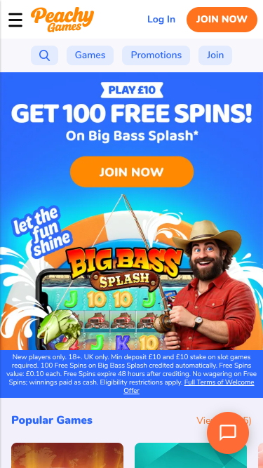 PeachyGames Casino Mobile Homepage
