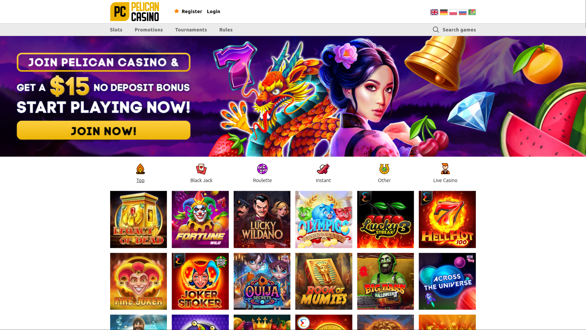 Pelican Casino Desktop Homepage