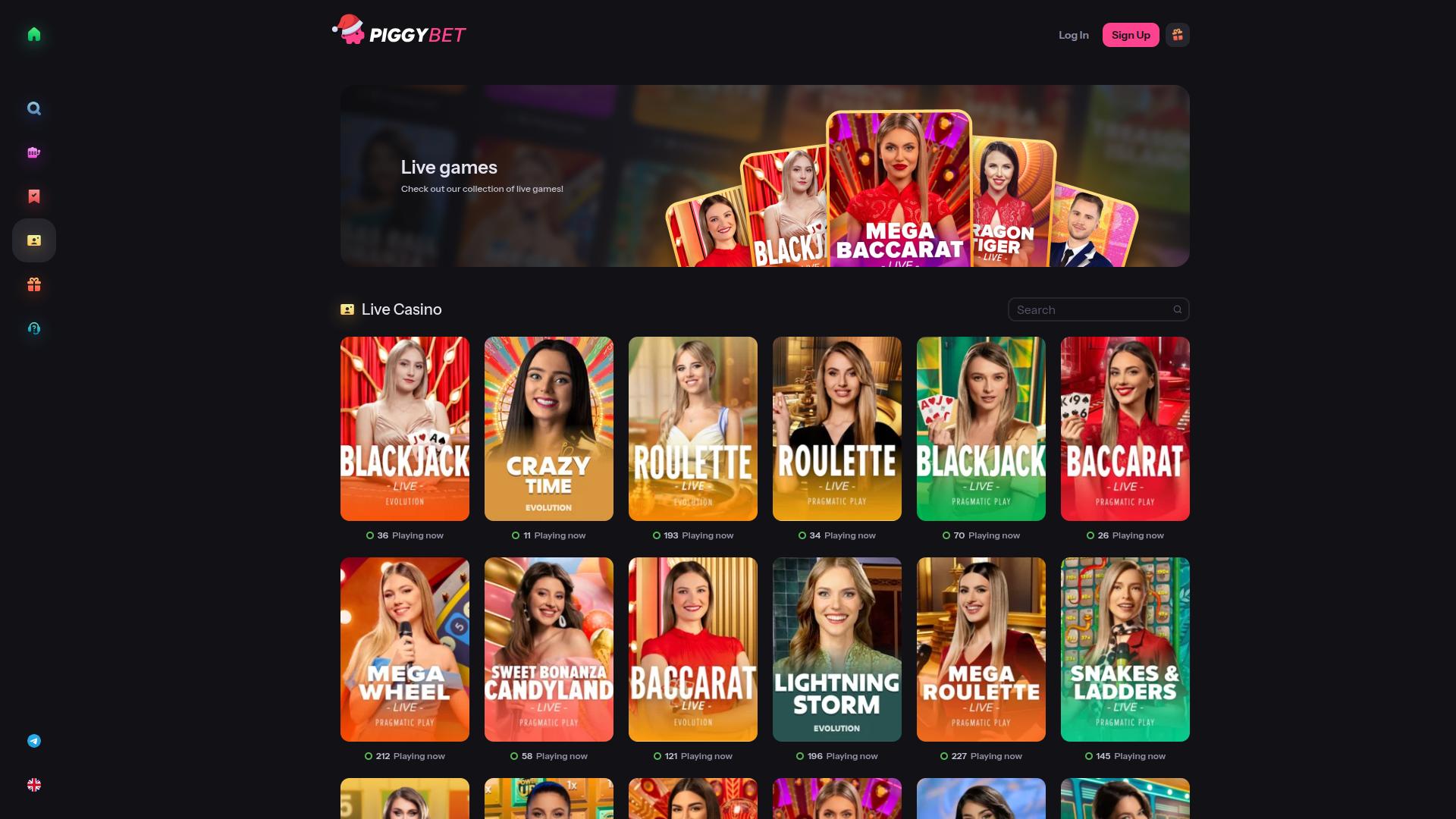 PiggyBet Casino Live Dealer Desktop
