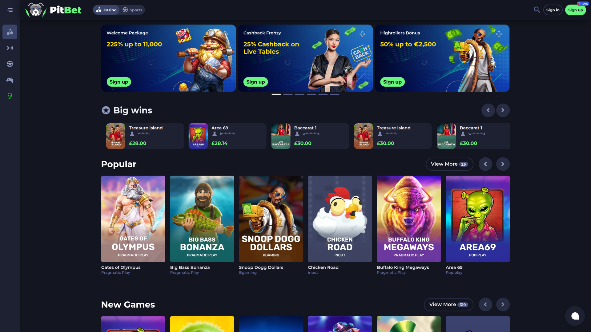 PitBet Casino Desktop Homepage