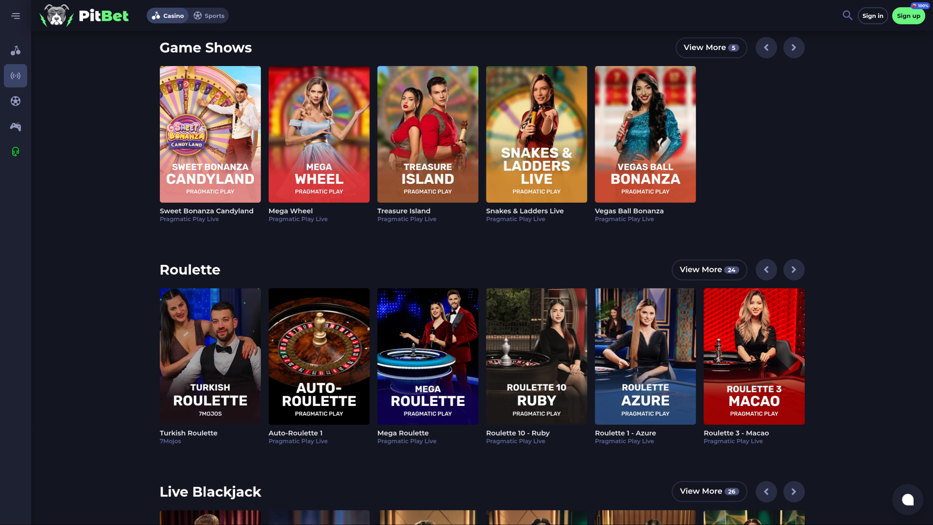 PitBet Casino Desktop Live Dealer