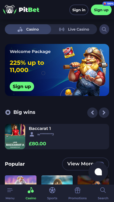 PitBet Casino Mobile Homepage