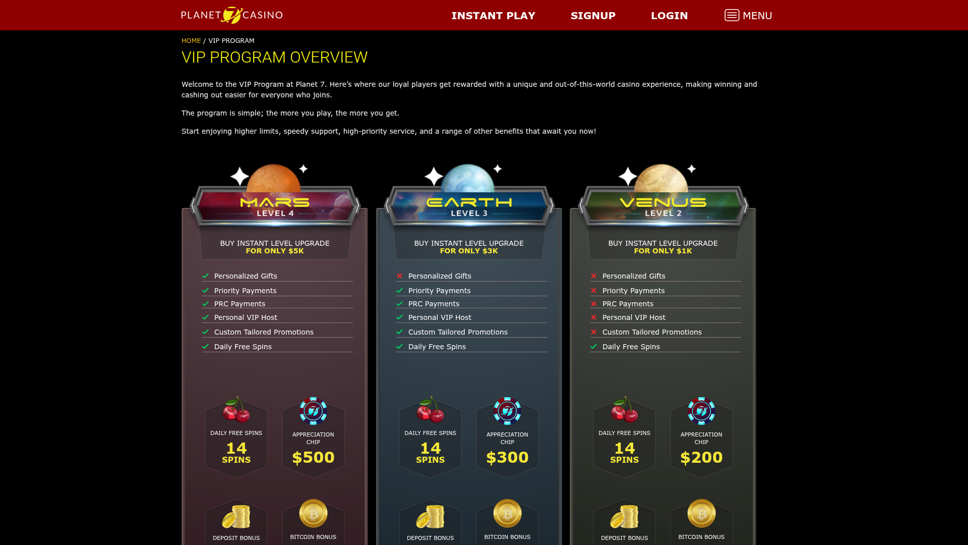 Planet 7 Casino Desktop VIP Program