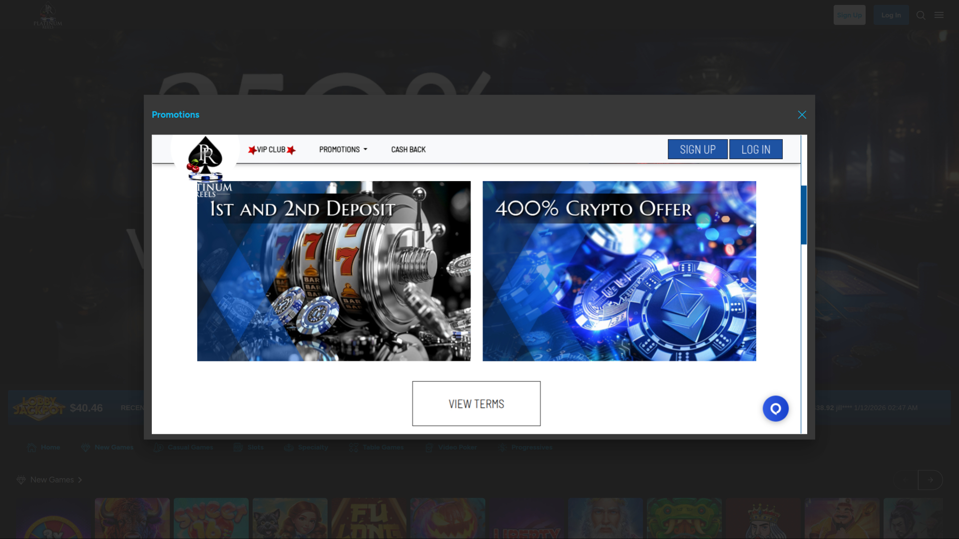 Platinum Reels Casino Desktop Promotions