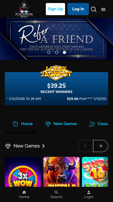 Platinum Reels Casino Mobile Homepage