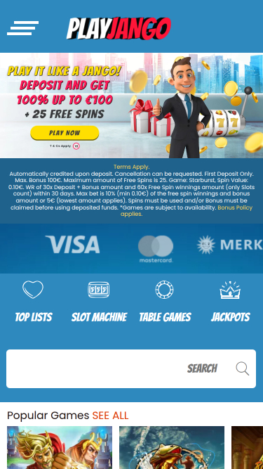 Play Jango Casino Mobile Homepage