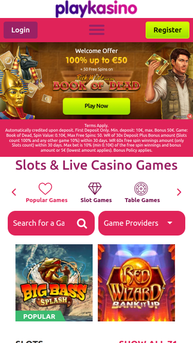 Play Kasino Mobile Homepage