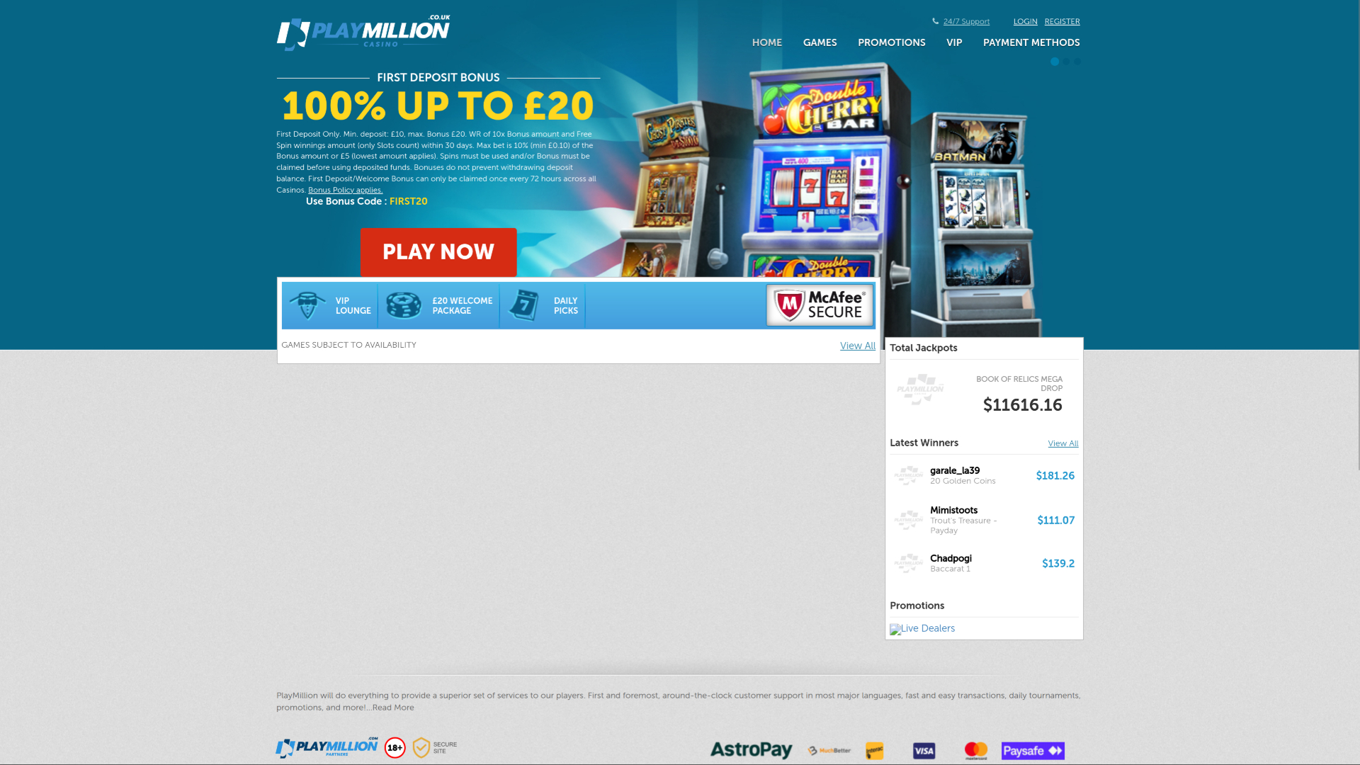 PlayMillion Casino Desktop Homepage