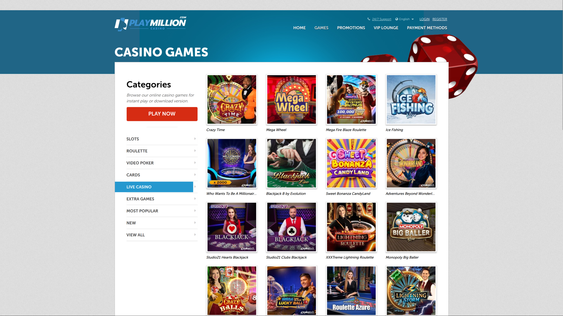 PlayMillion Casino Desktop Live Dealer
