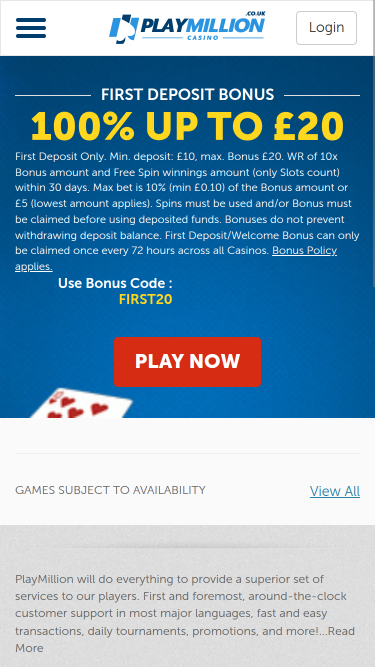 PlayMillion Casino Mobile Homepage