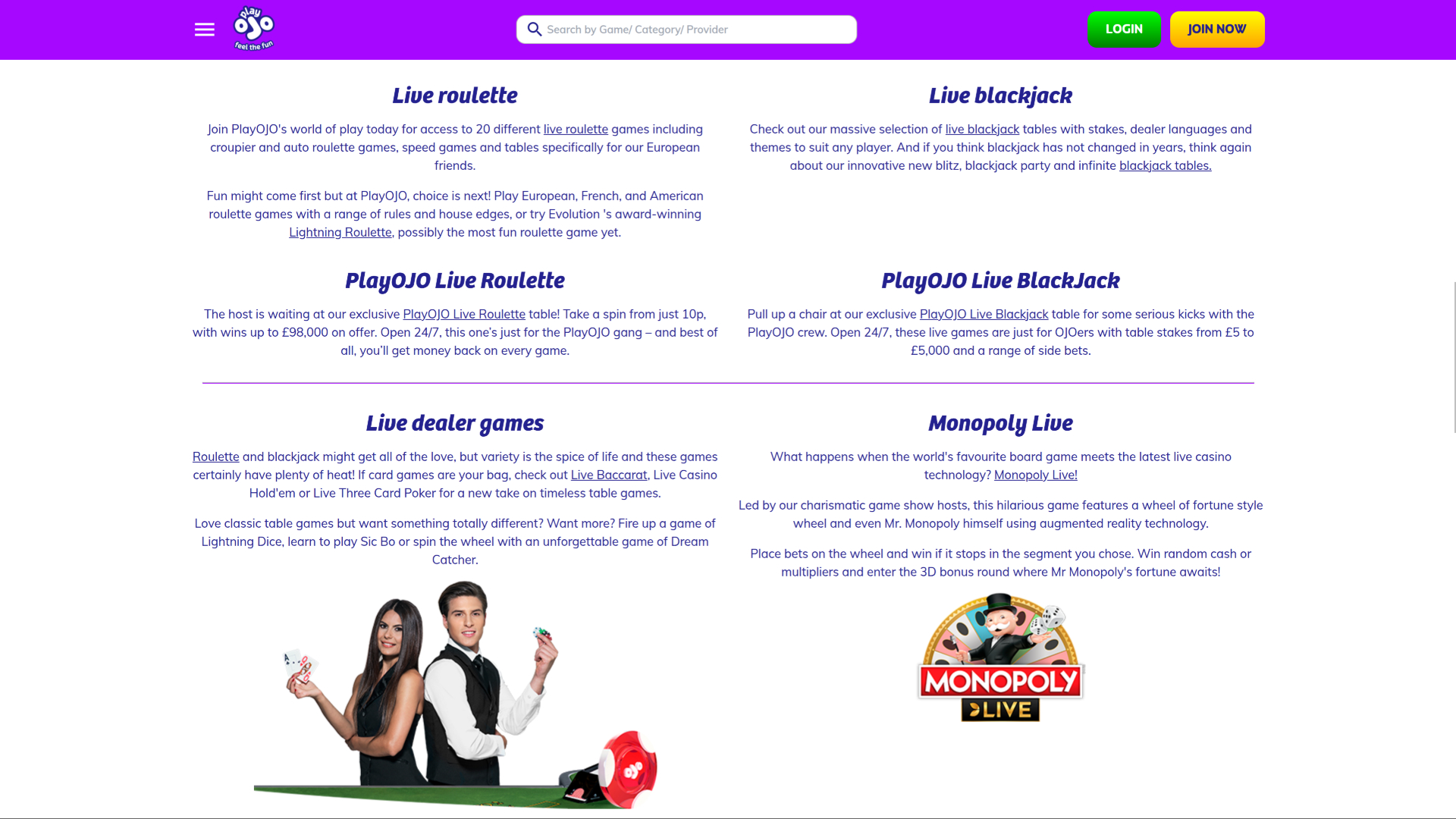 PlayOJO Casino Desktop Live Dealer