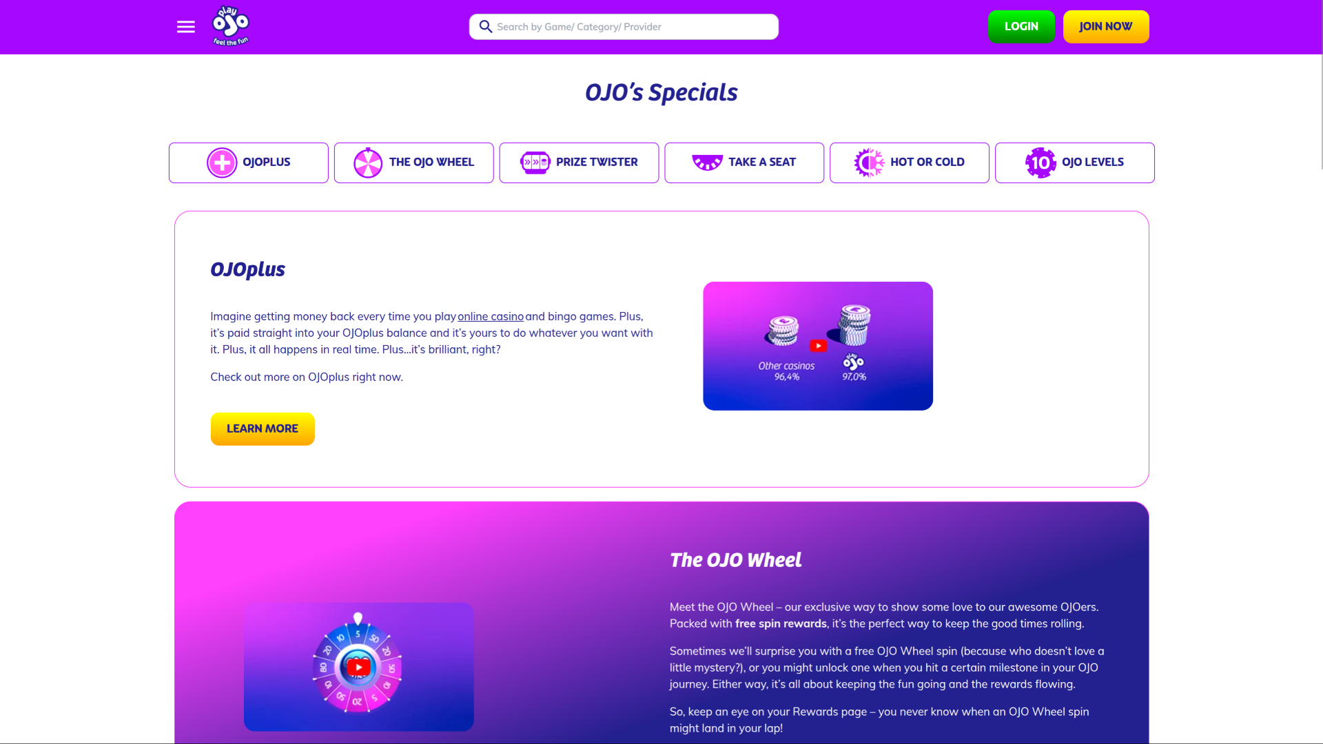 PlayOJO Casino Desktop Specials